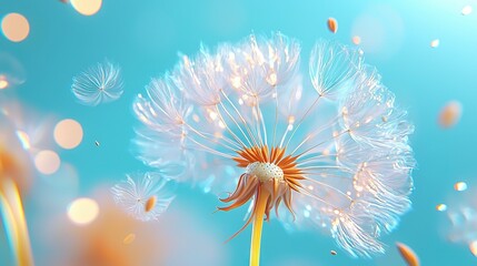 Poster -   A zoomed-in image of a dandelion with water droplets on its petals, set against a backdrop of the blue sky