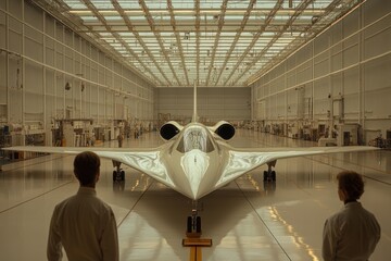 Two engineers stand in front of a futuristic, white jet in a hangar.