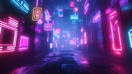 Poster - Neon Signs Illuminating a Foggy Alleyway