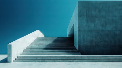 Poster -   A concrete staircase ascending towards a building amidst a blue sky