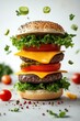 © Pat J. - Burger with flying ingredients, juicy patty, vibrant tomato, fresh lettuce, melty cheese, white background