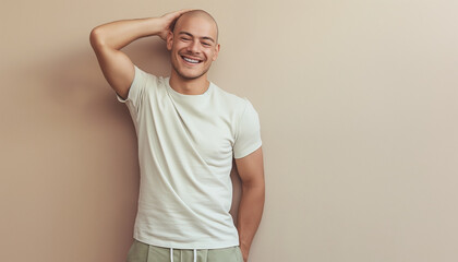 Bald young man in casual attire smiling with a relaxed and confident pose against a neutral background