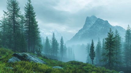 Poster -   A mountain with trees and rocks in the foreground and a foggy sky with a mountain in the background