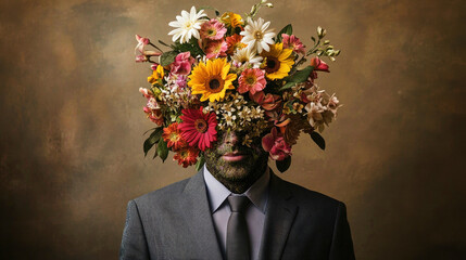 A unique formal portrait of a man in a charcoal suit with a vibrant floral head arrangement, creating an elegant artistic expression