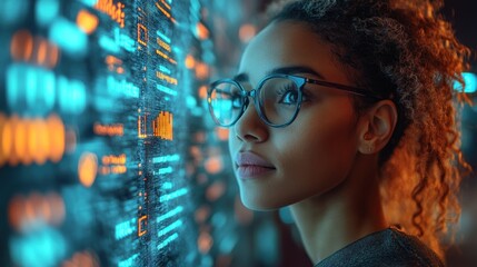 A young woman in glasses looks intently at a screen displaying a data stream, her expression focused and determined.