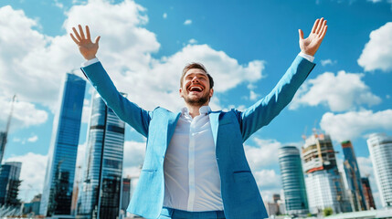 A man in a bright blue business suit celebrates with raised arms against a vibrant city skyline on a sunny day