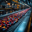 © zulie - A close-up of a conveyor belt in a pharmaceutical factory, carrying hundreds of red, blue and yellow capsules.