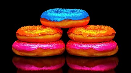 Sticker -   A tower of doughnuts with sprinkles against a dark backdrop of pink, blue, and yellow