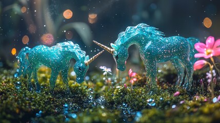 Sticker -   A pair of blue horses grazing on a green field adorned with blooms and illuminated by ambient light in the background