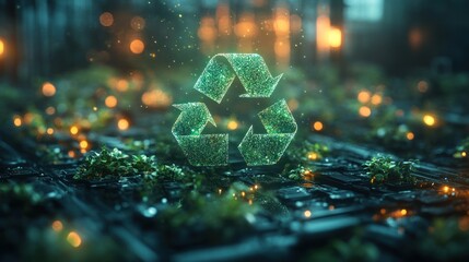 A glowing green recycle symbol made of leaves and vines, surrounded by glowing lights and plants. The symbol is a reminder of the importance of sustainability and recycling.