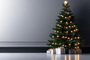Poster - Simple pine tree with just a few white lights, set against a clean, white background, creating a calm and minimalist holiday scene