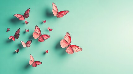 Canvas Print -   A flock of pink butterflies soaring against a sky-blue canvas, set against a light green backdrop