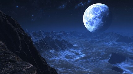 A digital artwork of a large moon over mountains in high definition.