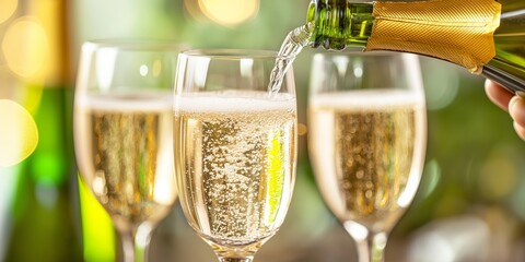 A person is pouring champagne into three glasses. The glasses are filled with bubbles and the champagne is flowing out of the bottle. Concept of celebration and enjoyment