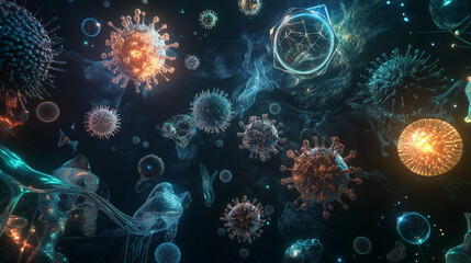 A highly detailed 3D render of various types of viruses floating in a dark space, each with different shapes and structures, such as spherical, cylindrical.