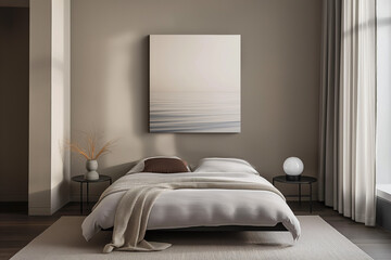 A sleek modern bedroom with a single piece of art on a minimalist wall