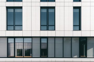 A sleek modern building facade featuring minimalist design and clean lines