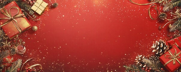 festive christmas card design with red background, gold accents, and seasonal decorations including 
