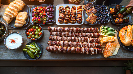 On the table are dishes of traditional Turkish cuisine: kebab, bread and pastries, dolma, tomatoes, yogurt, fresh vegetable salad, olives, berries, and roasted vegetables