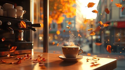 Sticker -   A coffee mug rests on a table beside an open window, with fallen autumn foliage outside