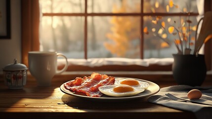 Canvas Print -  A breakfast spread of eggs, bacon, coffee, and flowers on a table by a window