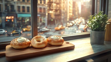 Sticker -   A pair of doughnuts resting atop a cutting board on a windowsill alongside a potted plant