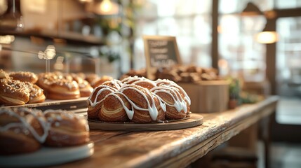 Wall Mural -   A wooden table with an array of donuts on top, nestled alongside additional donuts on another wooden table