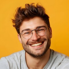 Man wearing glasses smile happy face portrait with yellow background