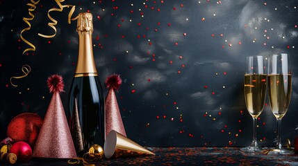 Two champagne flutes filled with bubbly on a dark background with confetti, party hats, and christmas ornaments, evoking the joy of new year's eve. banner with copy space