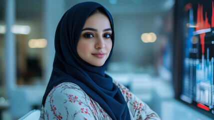 Poster - dedicated young woman in a hijab focused on coding at a modern computer workstation in a bright tech