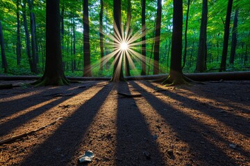 Poster - Sunlight filtering through trees, hyper-realistically capturing every ray of light and shadow as it falls on the forest floor