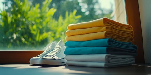 a stack of clean, folded clothes on the top and bottom, with shoes placed beside them, in front of t