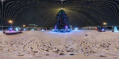Wall Mural - night full 360 panorama on square with christmas tree with illumination in form of tent on new year 