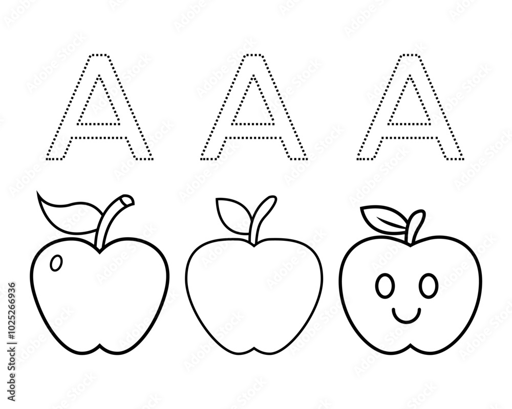 Apples outline drawing for kids coloring book page with letter A for ...