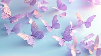 Canvas Print -   Purple butterflies flying, blue background, shadow on left side