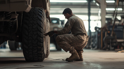 Army mechanic repairing a transport vehicle in a maintenance garage photo