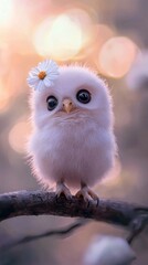 Poster -   A white owl perched atop a tree with a flower in its hair