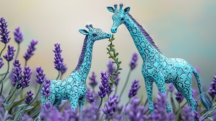 Canvas Print -   A pair of giraffes grazing on a field of vibrant purple flowers and foliage