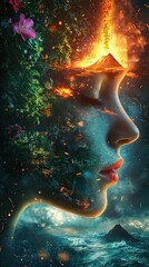 Poster -   A fiery woman's face with a mountain backdrop