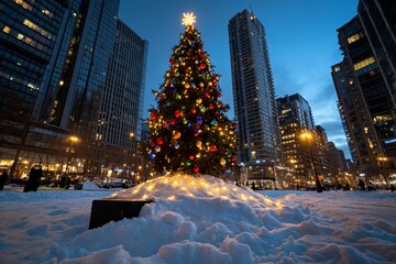 Tree in a city park, adorned with colorful lights and ornaments, standing tall in the snow-covered landscape, creating a festive urban scene