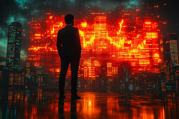 Poster - A businessman standing in front of a downward-trending stock chart, symbolizing the loss of wealth and value. Concept of business.