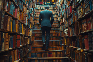 Poster - a businessman climbing up a staircase of books, symbolizing the importance of knowledge and educatio