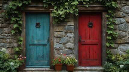 Sticker -   Two red and blue doors stand in front of a stone building, adorned with potted plants and vibrant flowers