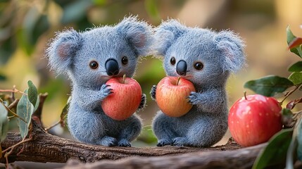 Poster -  Two koalas, stuffed and sitting on a tree branch, holding an apple in each hand