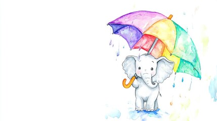 Poster -  An elephant in watercolor art holds a colorful umbrella, with droplets glistening at its base