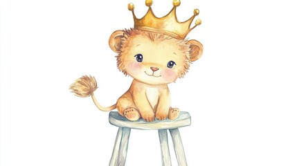 Sticker -   Watercolor drawing of a regal lion wearing a crown, perched atop a stool