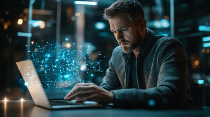 Poster - young man working on a laptop in a modern city at night, immersed in data analysis and digital creat