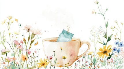 Poster -   A painting of a coffee cup with tissue paper emerging from its center amidst an array of blossoms in a serene field