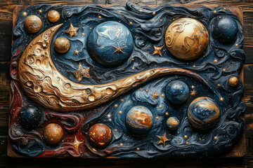 Poster - an artist's palette filled with planets and stars, symbolizing the artistic side of creation. concep