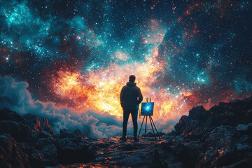 Poster - an artist painting the night sky filled with stars, symbolizing the creation of the universe. concep